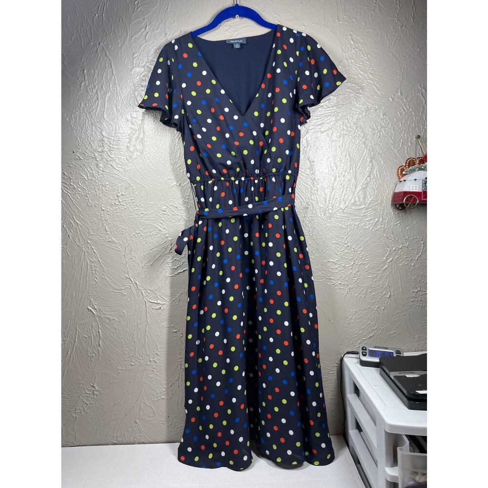 ModCloth Women's V-Neck Belted Waist Polka Dot Lined Dress Navy Size Small‎